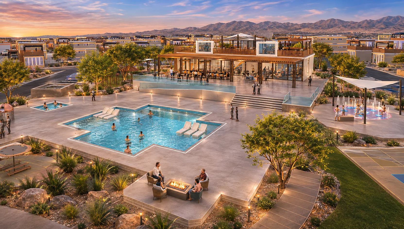 Conceptual rendering of the Trinity Preserve clubhouse, pool and gathering spaces at dusk