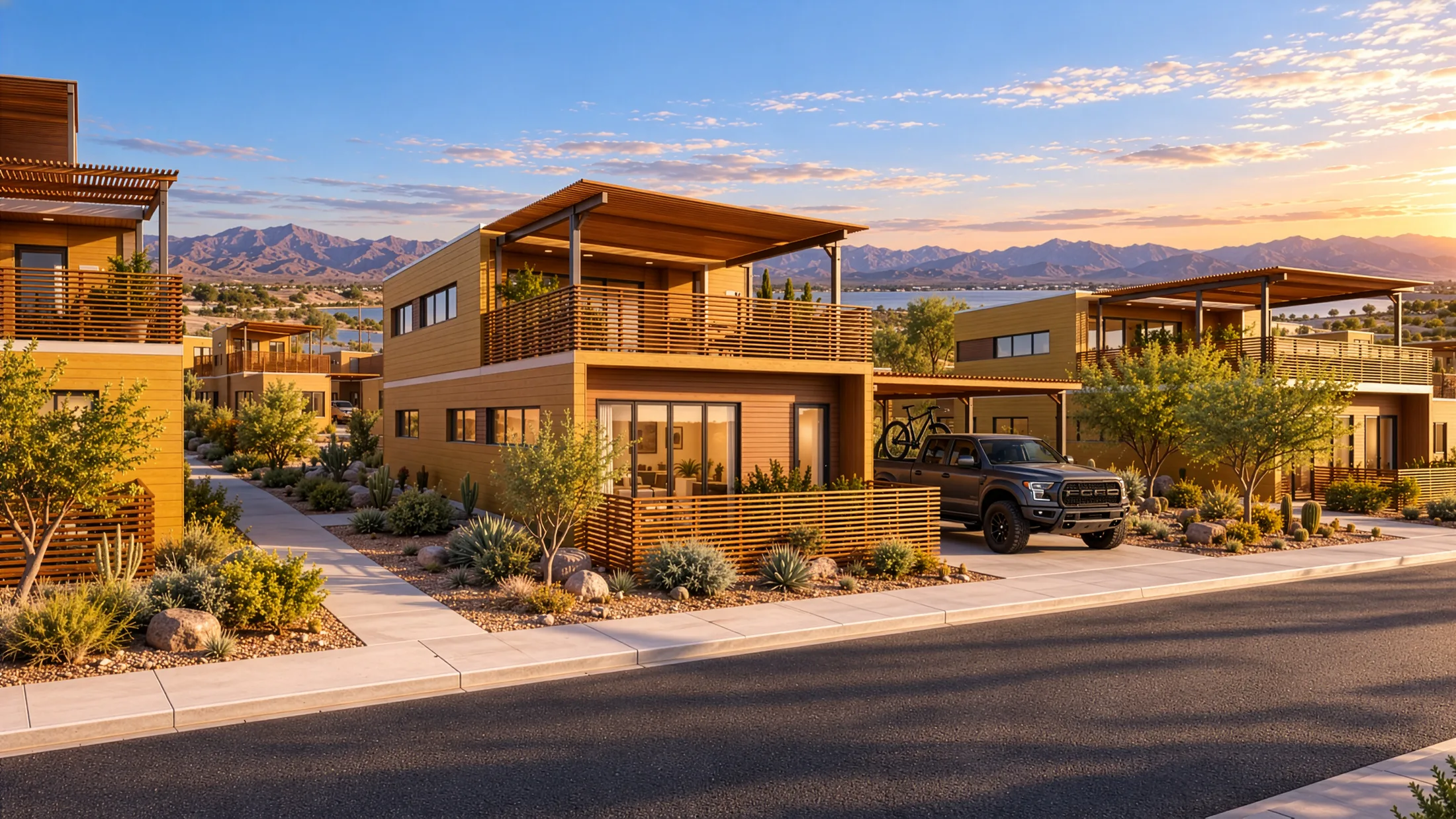 Contemporary Trinity Preserve home with an upper terrace in a desert landscape